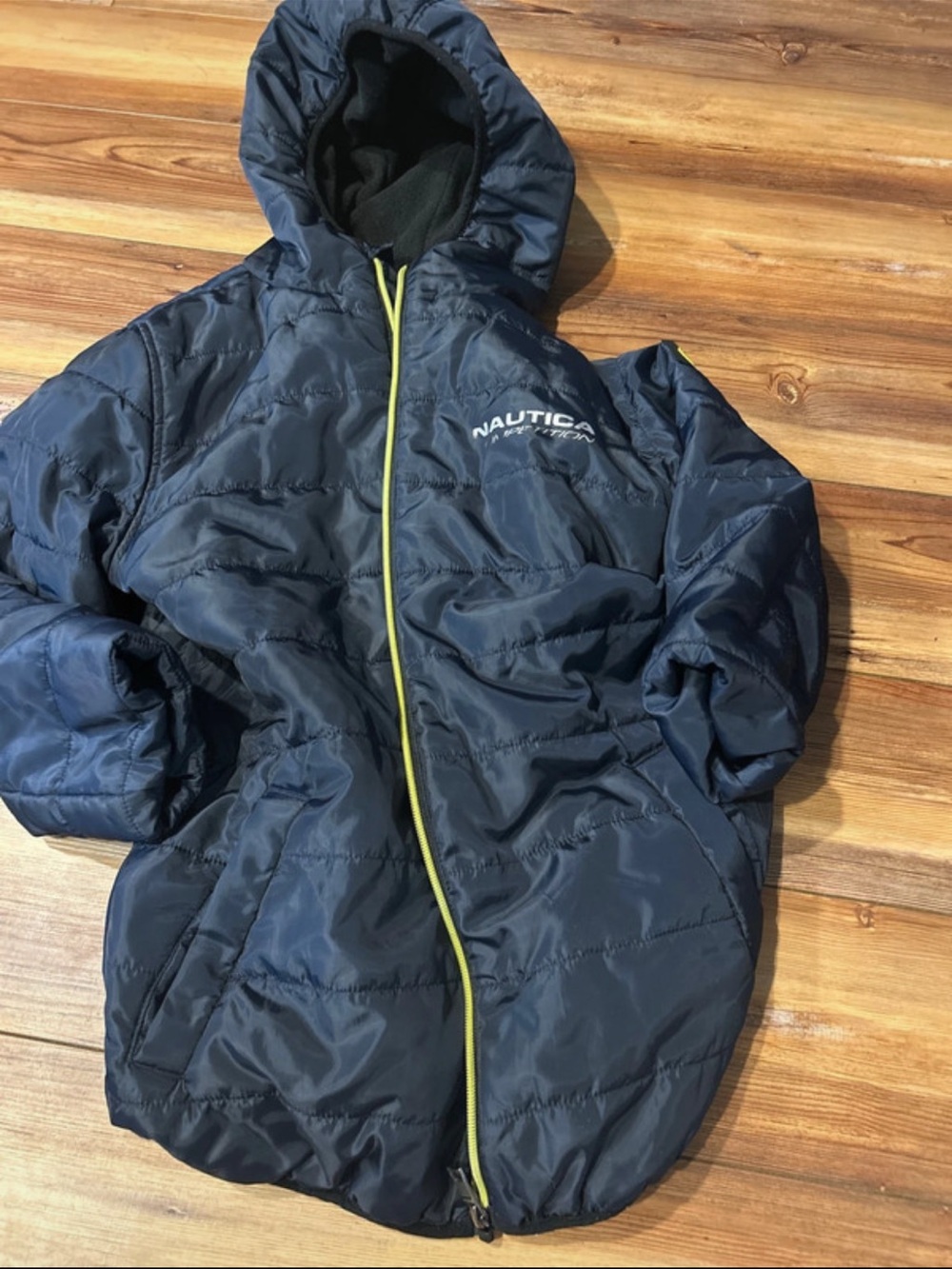 Nautica Kids Navy Hooded Puffer with Yellow Contrast Zipper